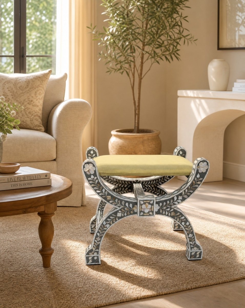 Floral Grey Mother of Pearl Petty Bench - Art and craft furniture