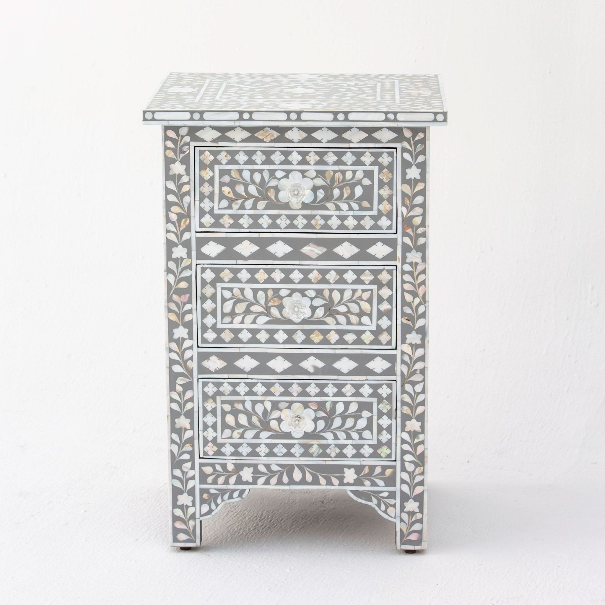 FLORAL-GREY MOTHER OF PEARL THREE DRAWER BEDSIDE TABLE - Art and craft furniture