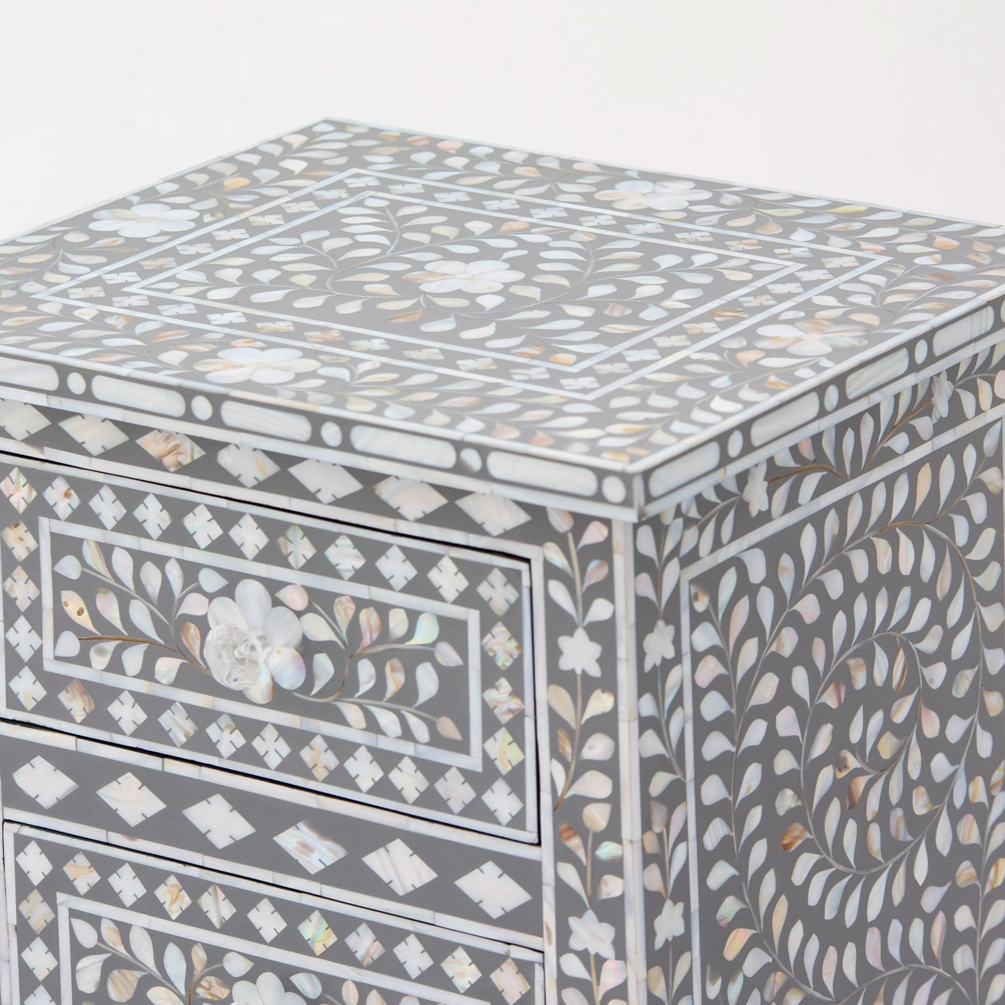 FLORAL-GREY MOTHER OF PEARL THREE DRAWER BEDSIDE TABLE - Art and craft furniture