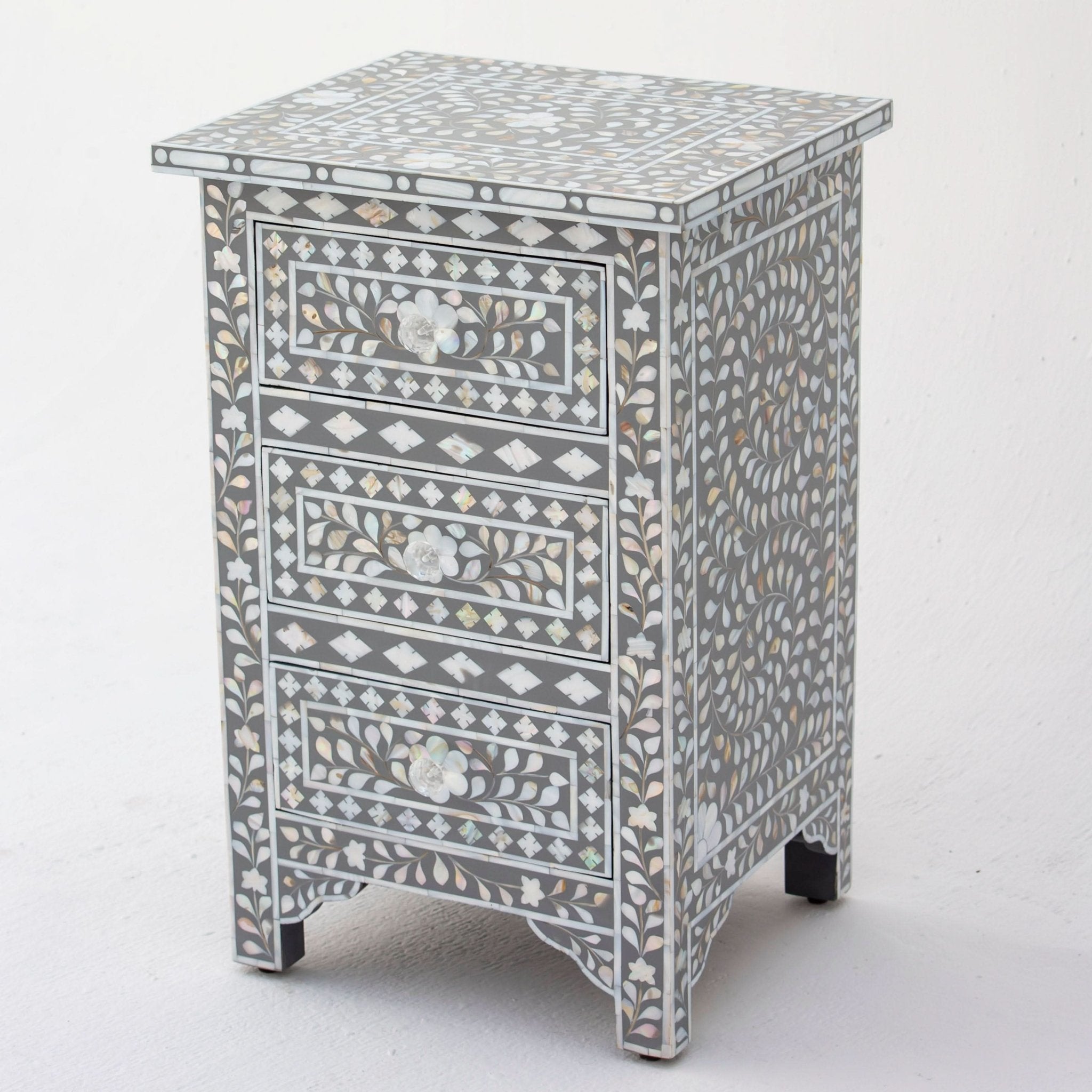 FLORAL-GREY MOTHER OF PEARL THREE DRAWER BEDSIDE TABLE - Art and craft furniture