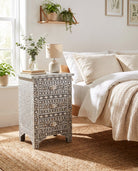 Floral Grey Mother Of Pearl Three Drawer Bedside Table - Art and craft furniture