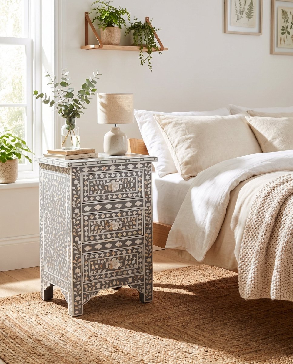 Floral Grey Mother Of Pearl Three Drawer Bedside Table - Art and craft furniture