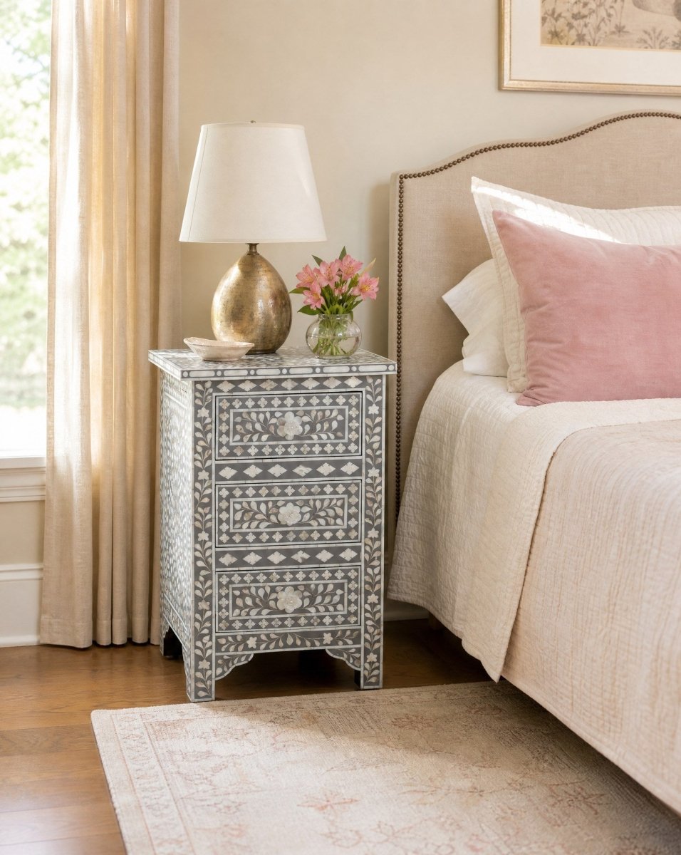 Floral Grey Mother Of Pearl Three Drawer Bedside Table - Art and craft furniture