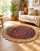 FLORAL NATURAL JUTE WITH CHINDI HANDMADE RUG - Art and craft furniture