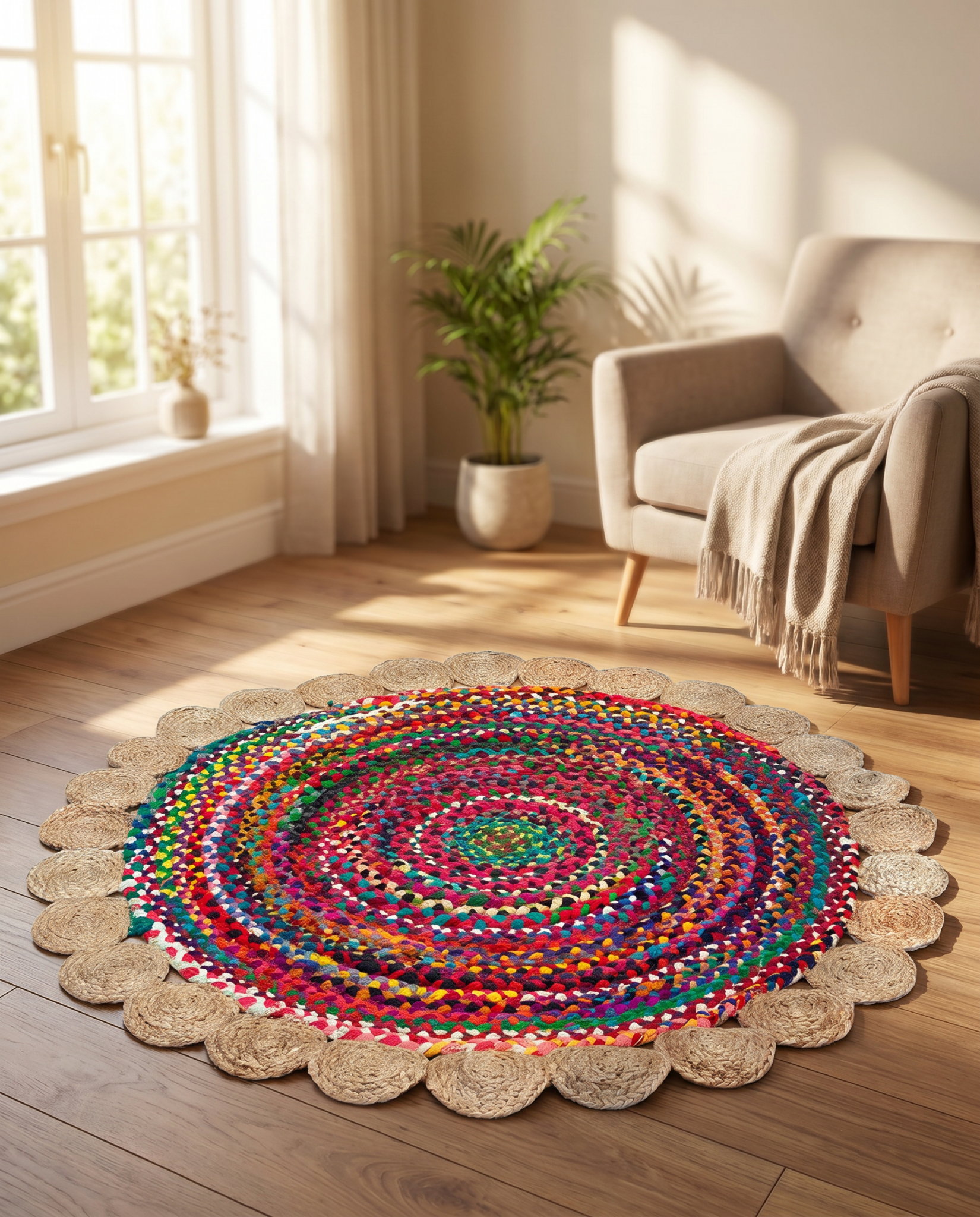 FLORAL NATURAL JUTE WITH CHINDI HANDMADE RUG - Art and craft furniture