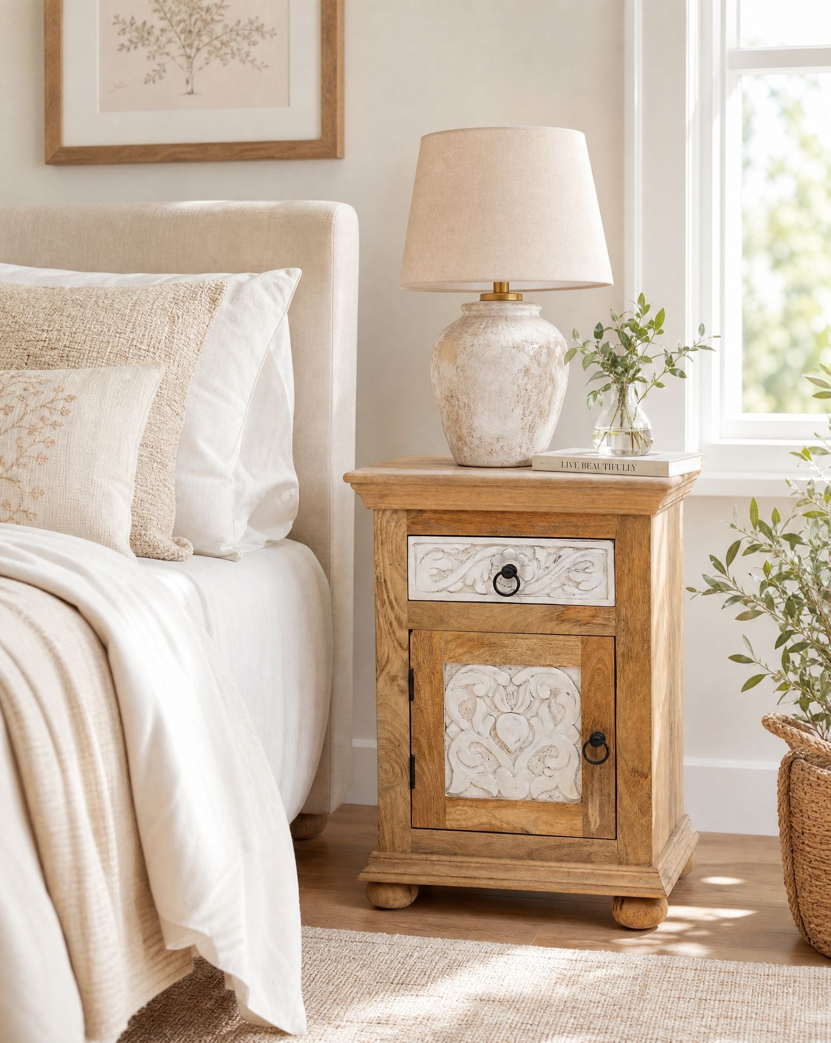 Flower Carved Mango Wood Bedside Table - Art and craft furniture