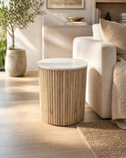 Fluted Marble top Wooden Side Table - Art and craft furniture