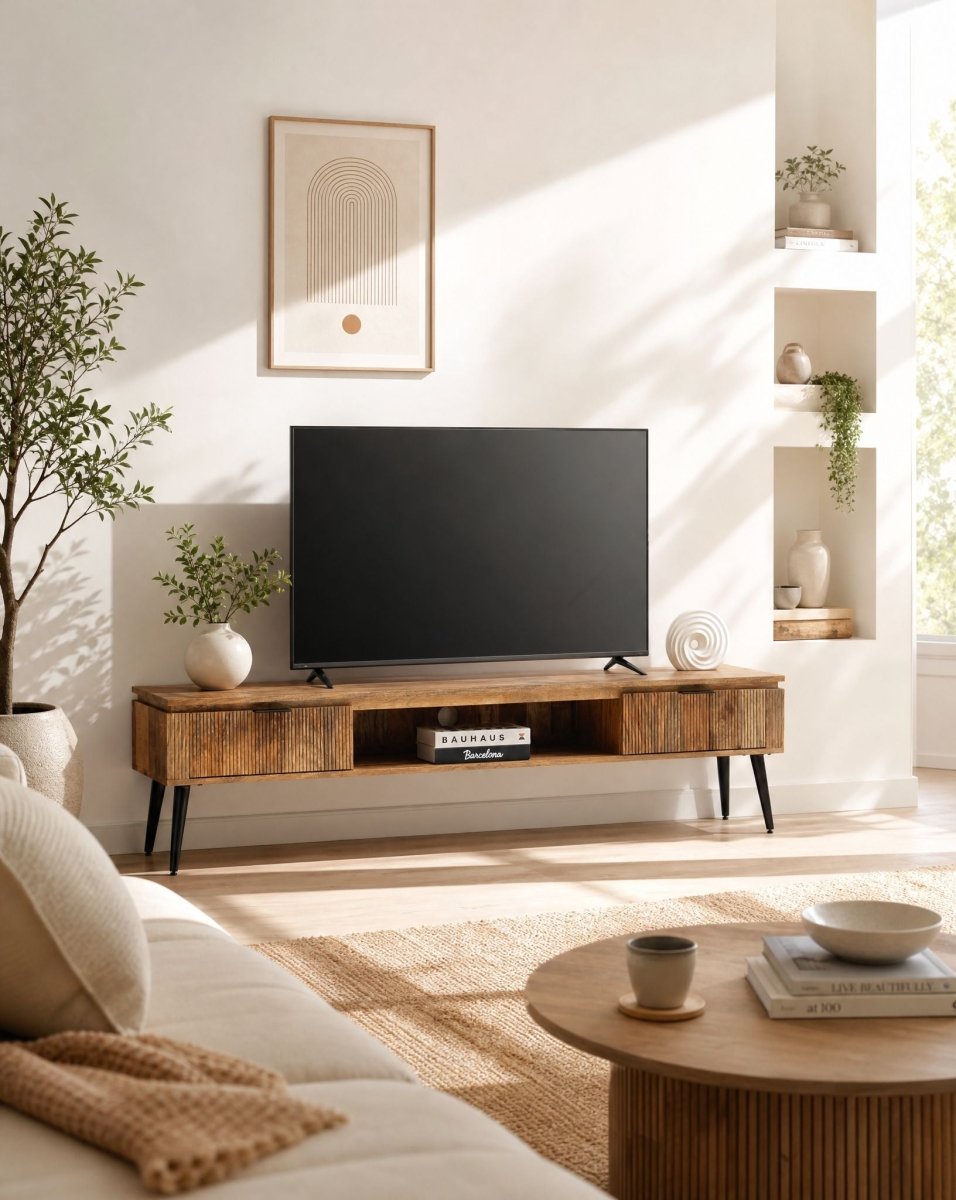 Fluteline Wooden Two Drawer TV Stand - Art and craft furniture