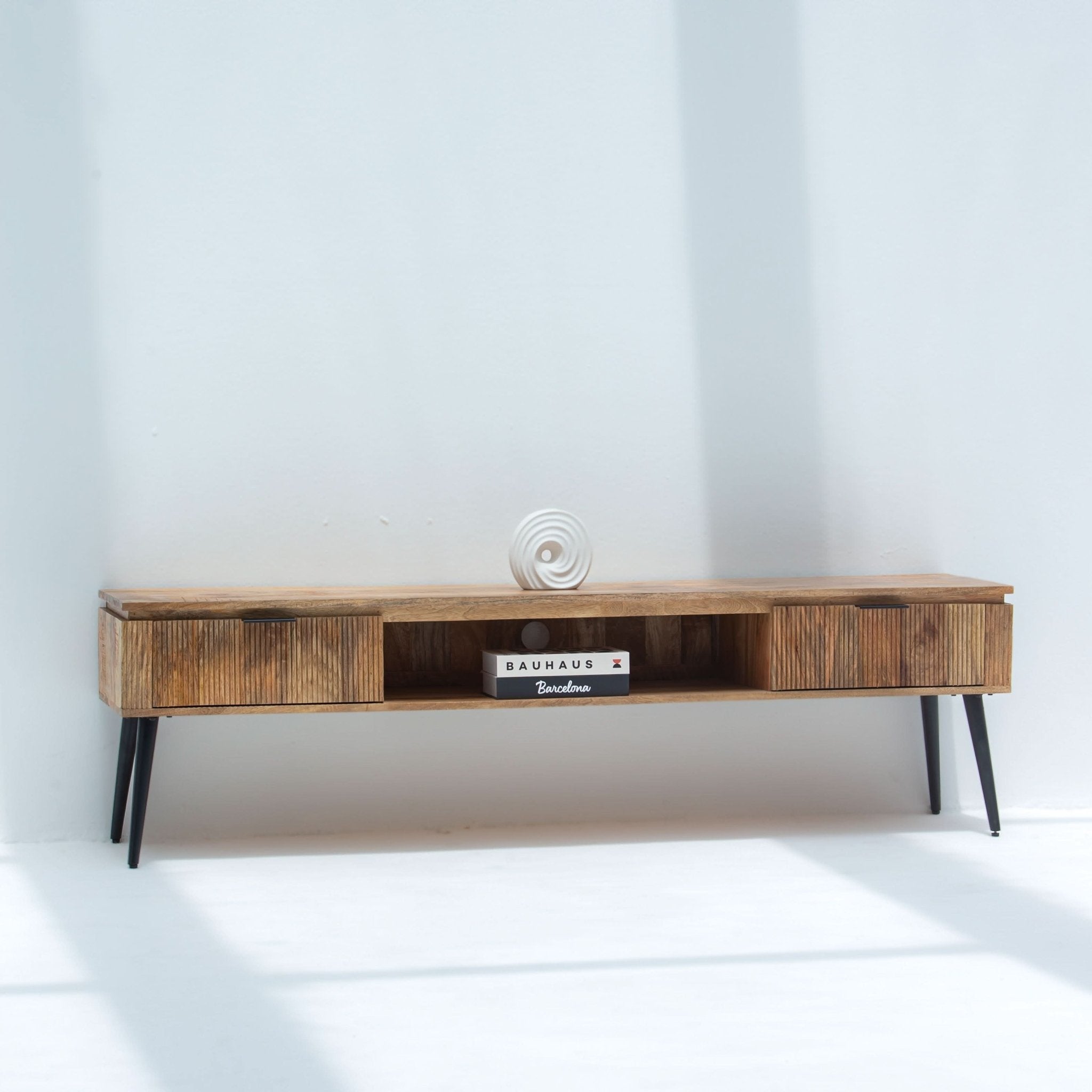 FLUTELINE WOODEN TWO DRAWER TV STAND - Art and craft furniture