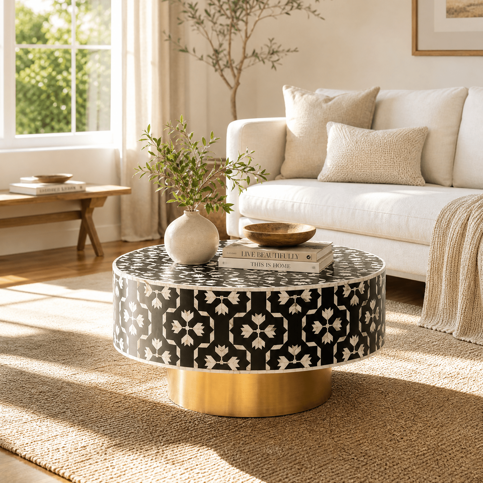 GEOMETRIC BLACK MOTHER OF PEARL ROUND COFFEE TABLE - Art and craft furniture
