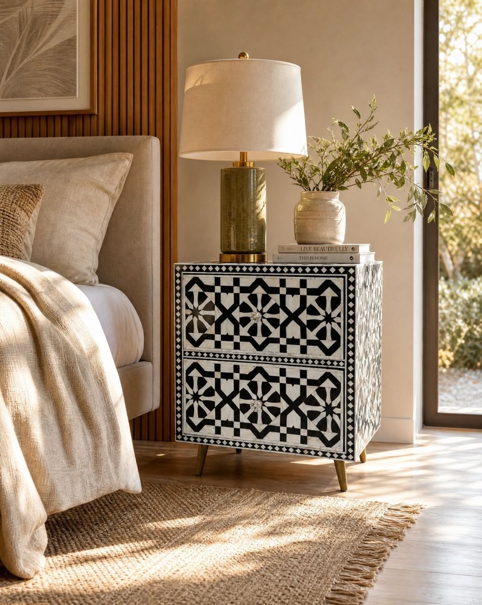Geometric Black Mother of Pearl Two Drawer Bedside - Art and craft furniture