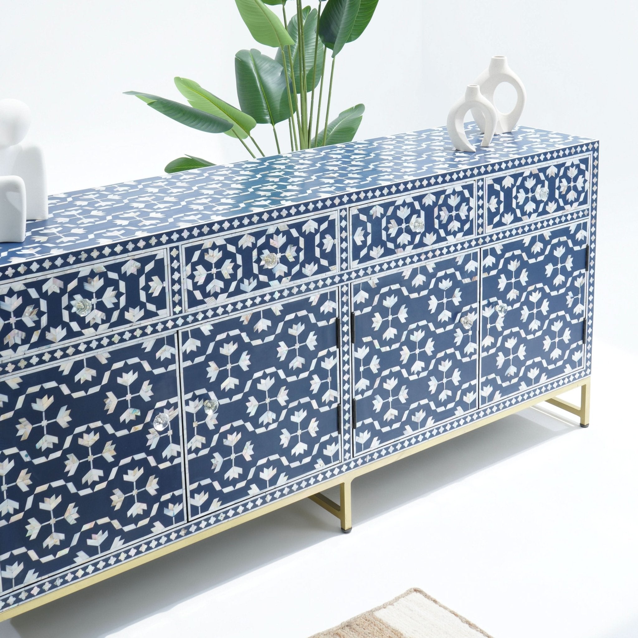 GEOMETRIC-BLUE MOTHER OF PEARL FOUR DRAWER DOOR SIDEBOARD - Art and craft furniture