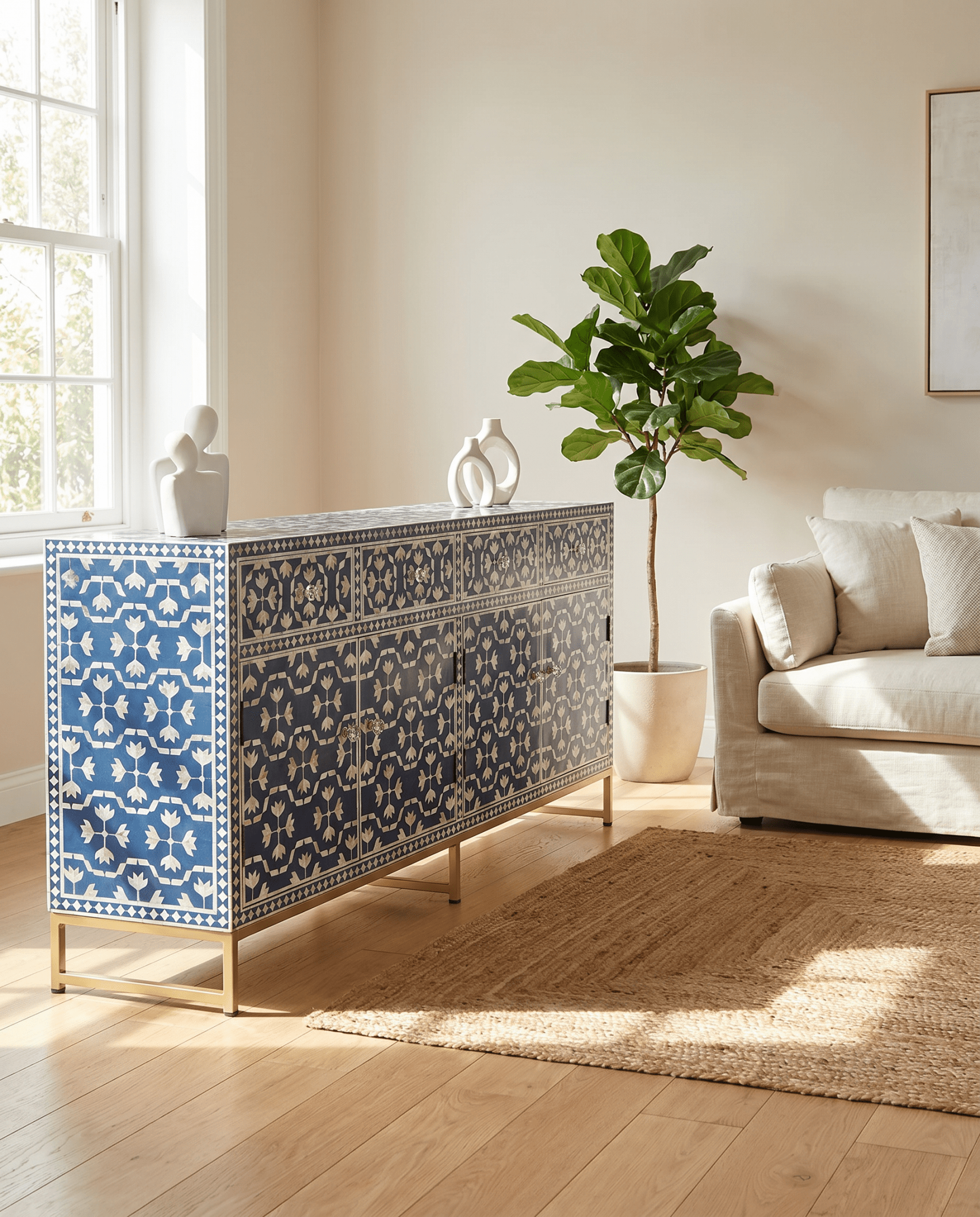 GEOMETRIC-BLUE MOTHER OF PEARL FOUR DRAWER DOOR SIDEBOARD - Art and craft furniture