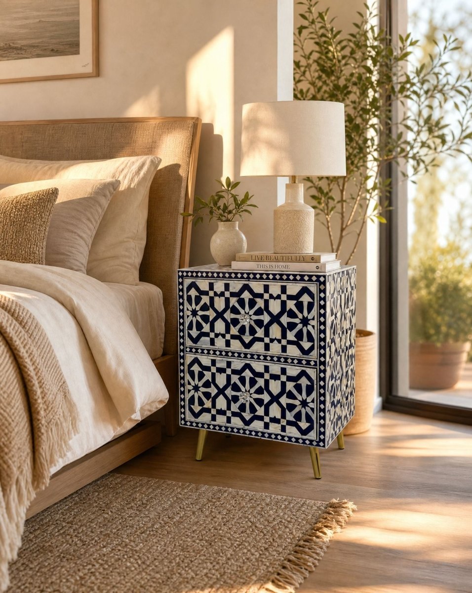 Geometric Blue Mother of Pearl Two Drawer Bedside - Art and craft furniture