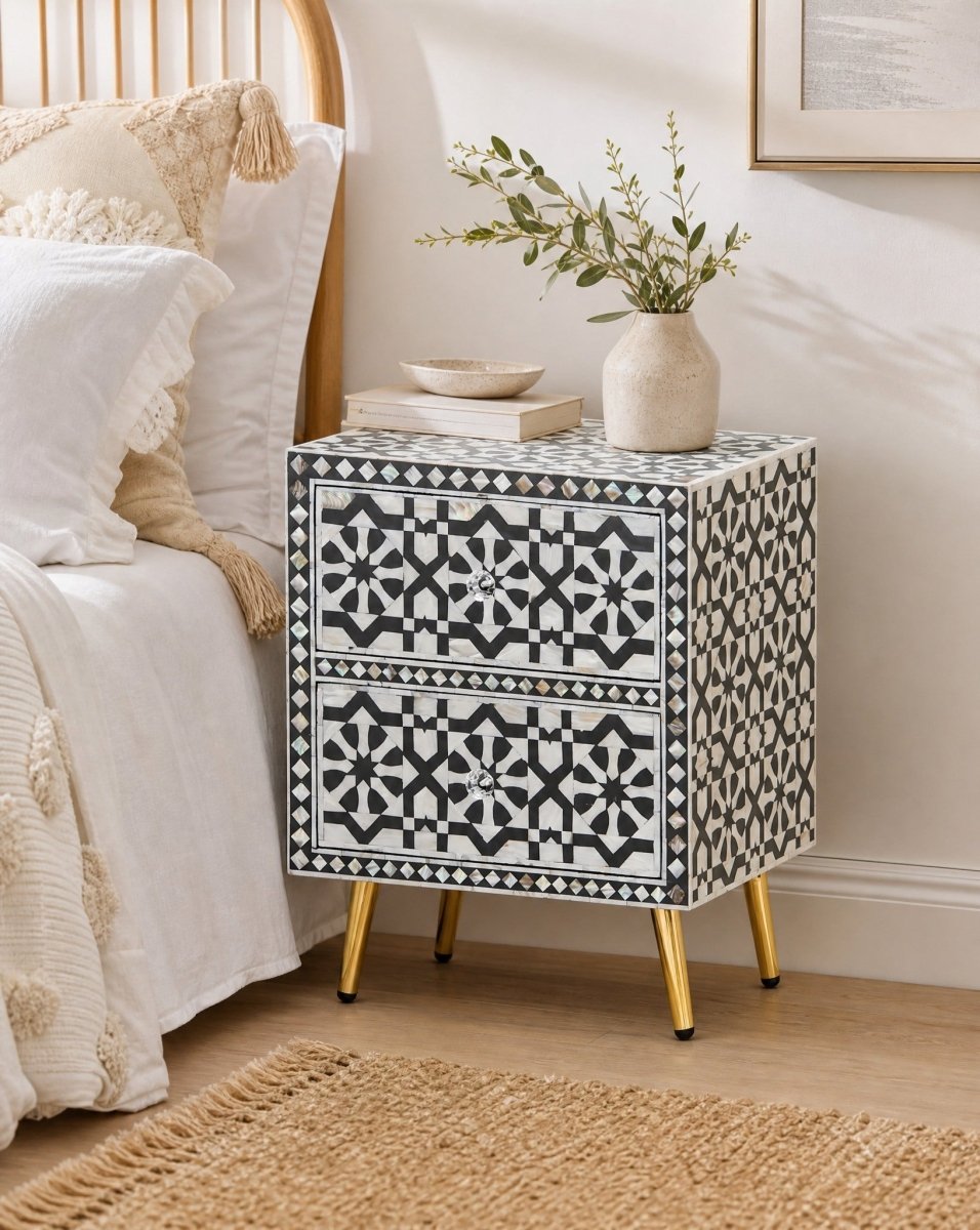 Geometric Grey Mother of Pearl Two Drawer Bedside - Art and craft furniture