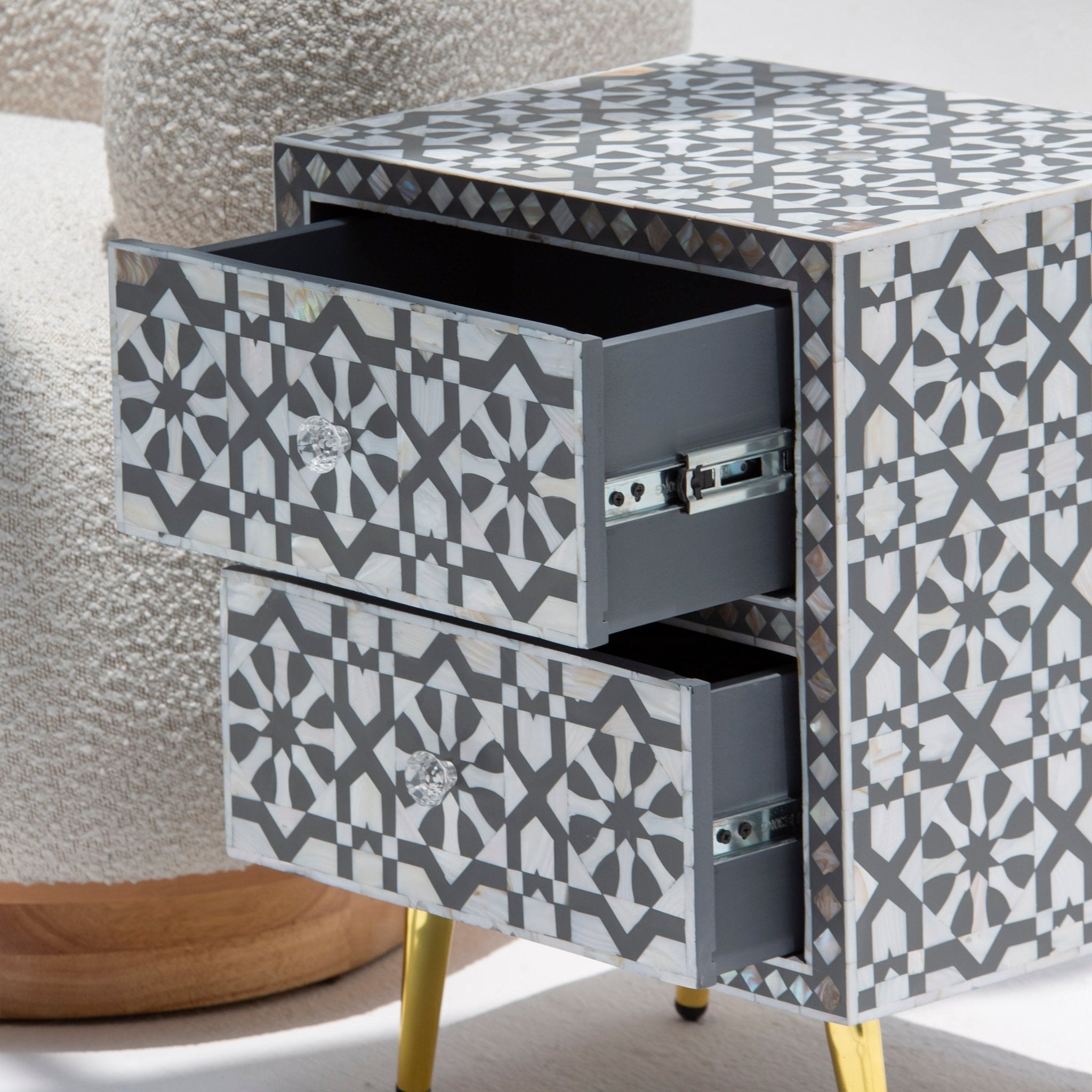 GEOMETRIC-GREY TWO DRAWER BEDSIDE TABLE - Art and craft furniture