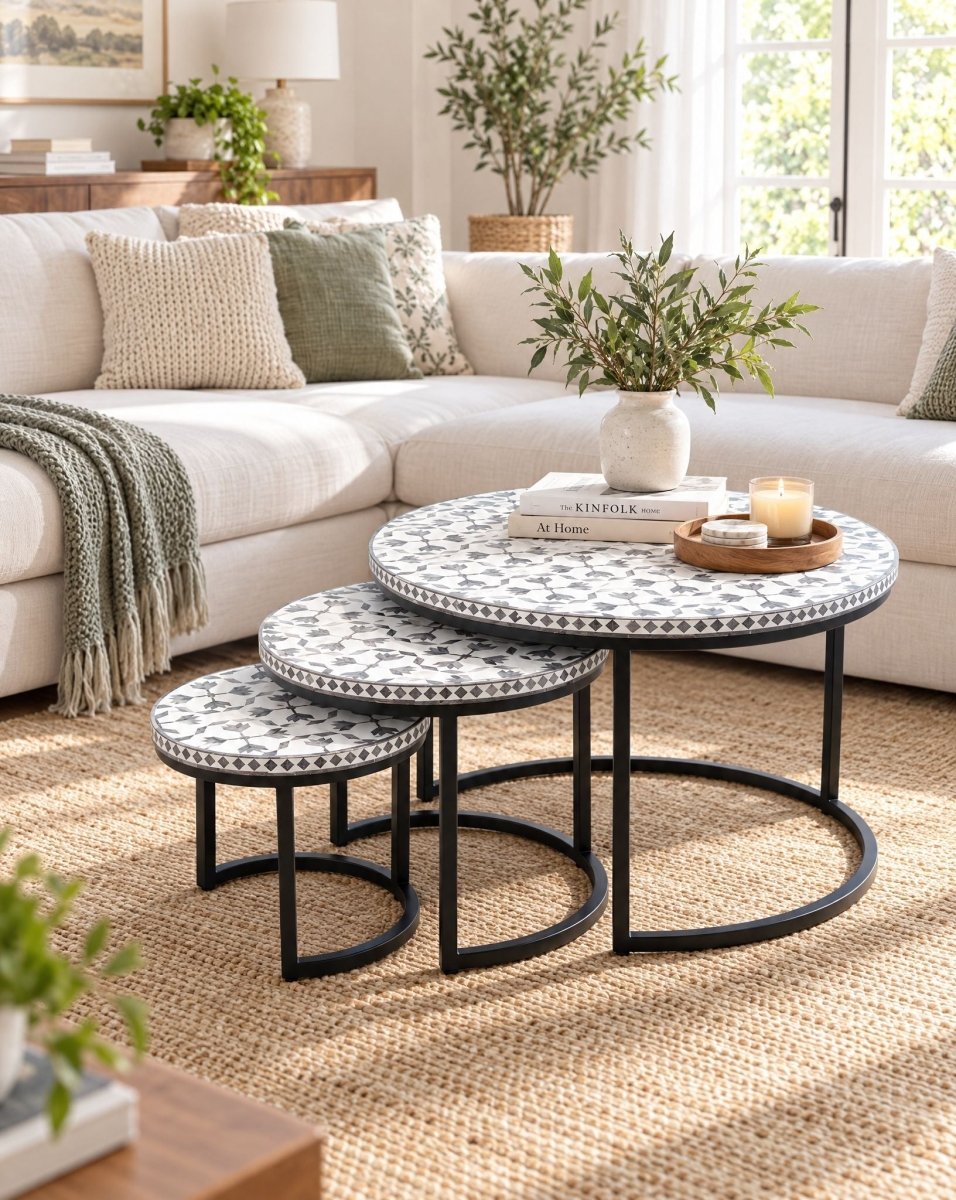 Geometric Light Grey Inlay Nesting Table - Art and craft furniture