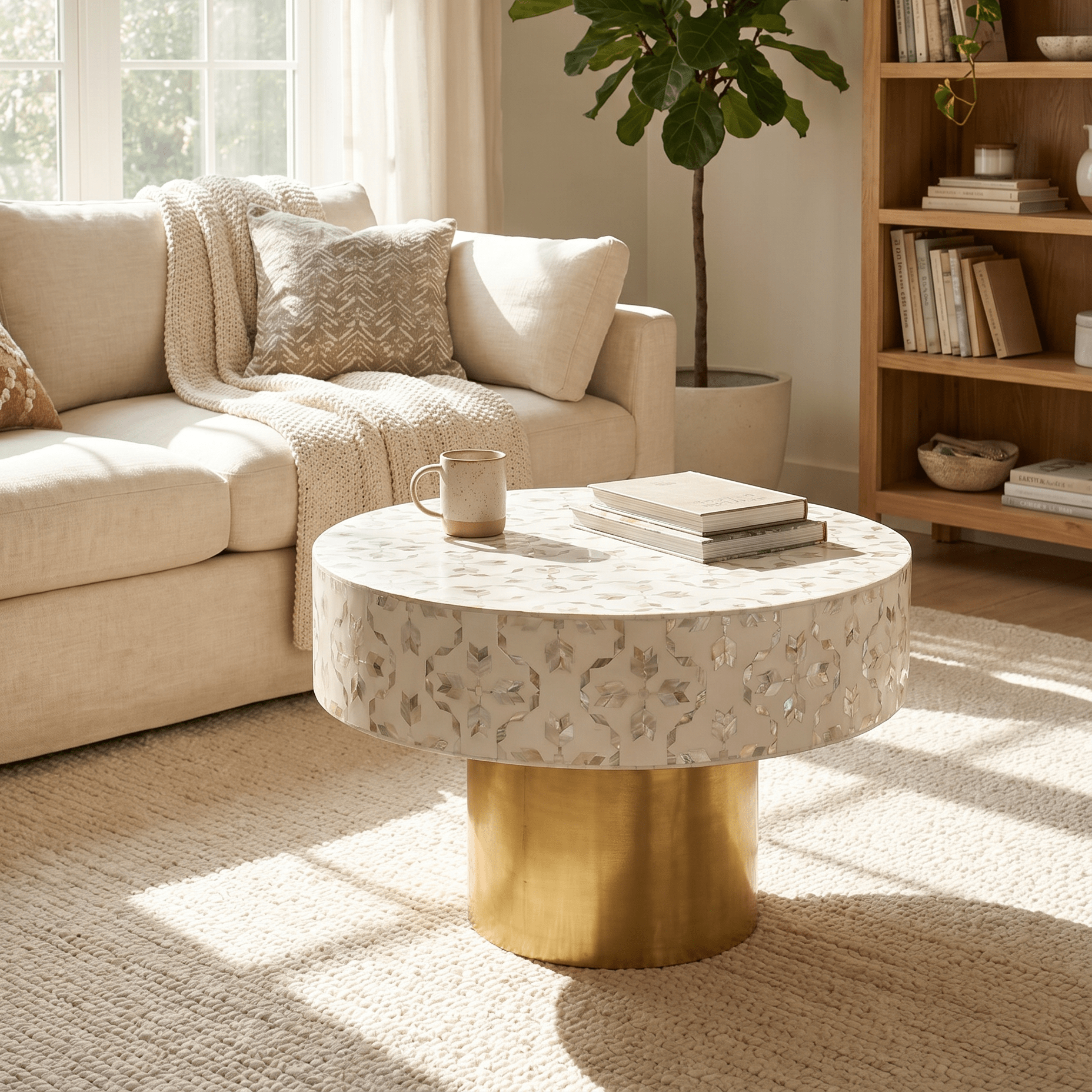 GEOMETRIC WHITE MOTHER OF PEARL ROUND COFFEE TABLE - Art and craft furniture