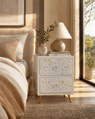 Geometric White Mother of Pearl Two Drawer Bedside - Art and craft furniture