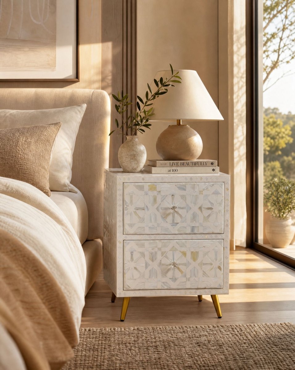 Geometric White Mother of Pearl Two Drawer Bedside - Art and craft furniture