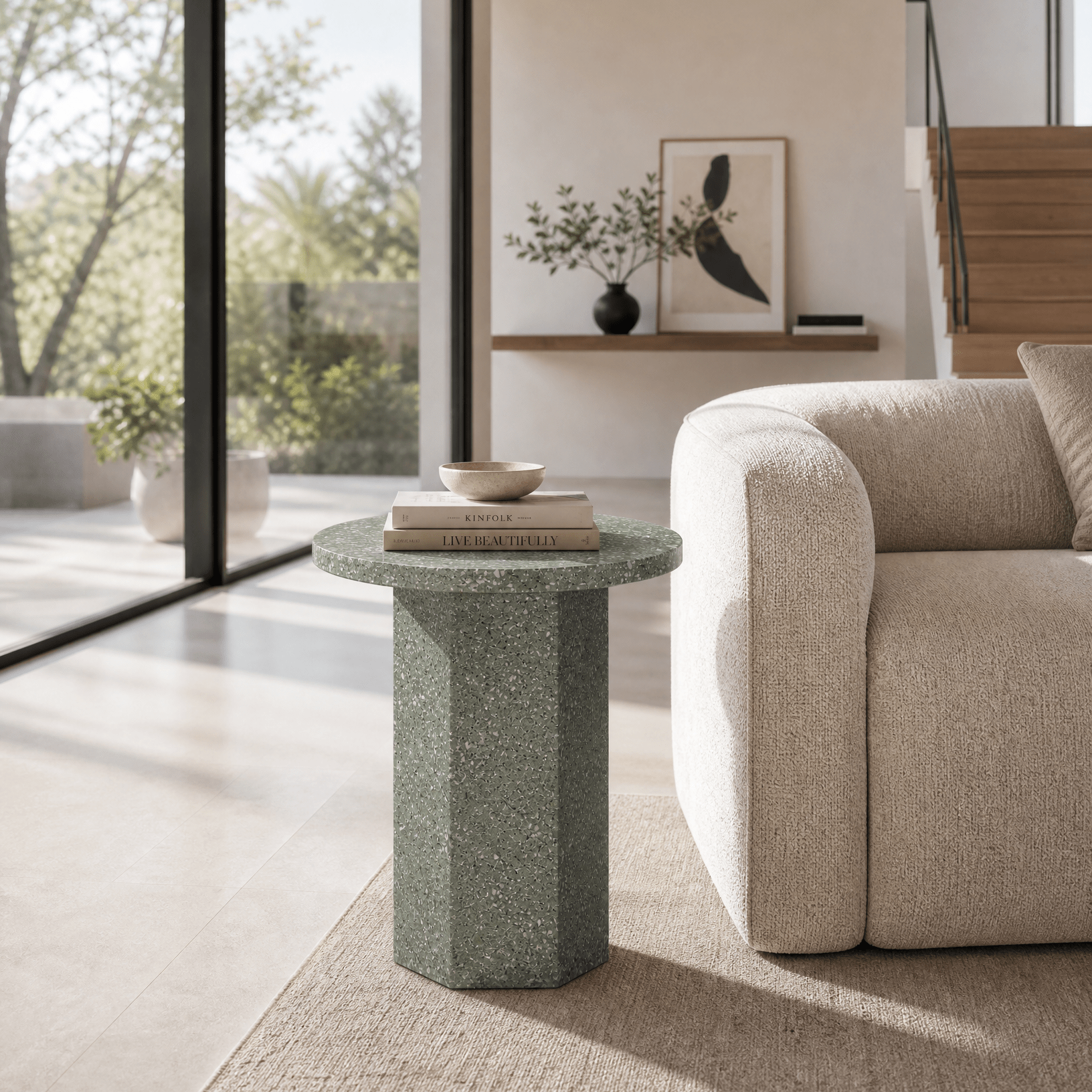 Green Quartz Side Table – Polished Finish | Hexagonal Base - Art and craft furniture