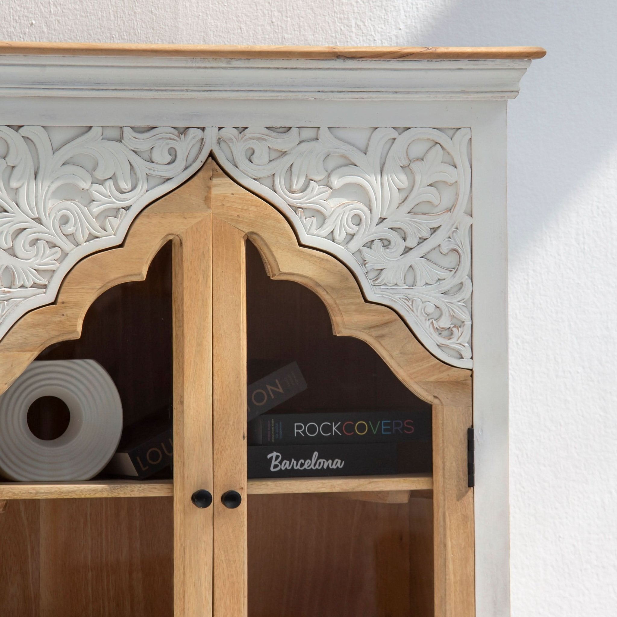 HAVELI WOODEN GLASS CARVING CABINET - Art and craft furniture