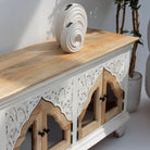 HAVELI WOODEN GLASS CARVING TV STAND - Art and craft furniture