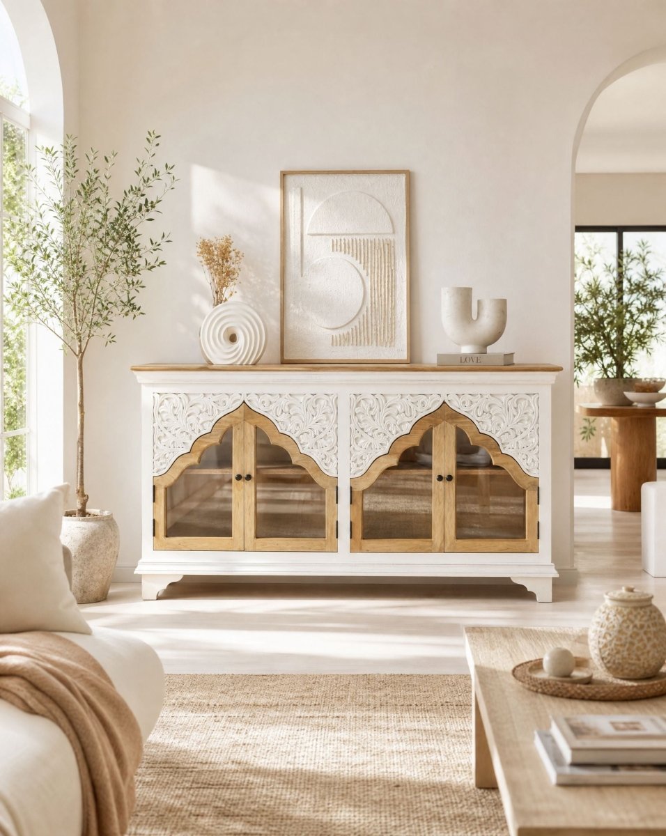Haveli Wooden Glass Craving Sideboard - Art and craft furniture