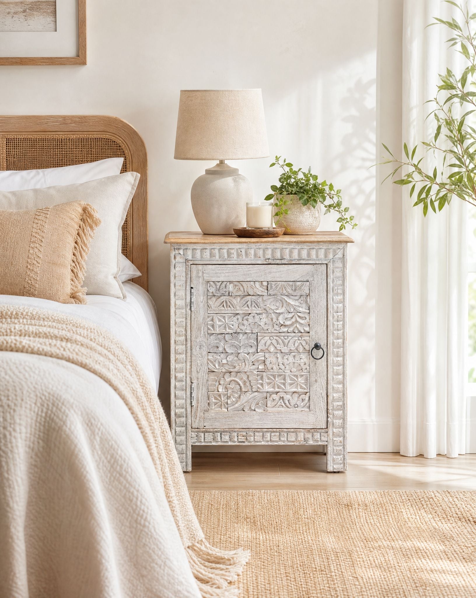 Heritage Carved Mango Wood Nightstand - Art and craft furniture