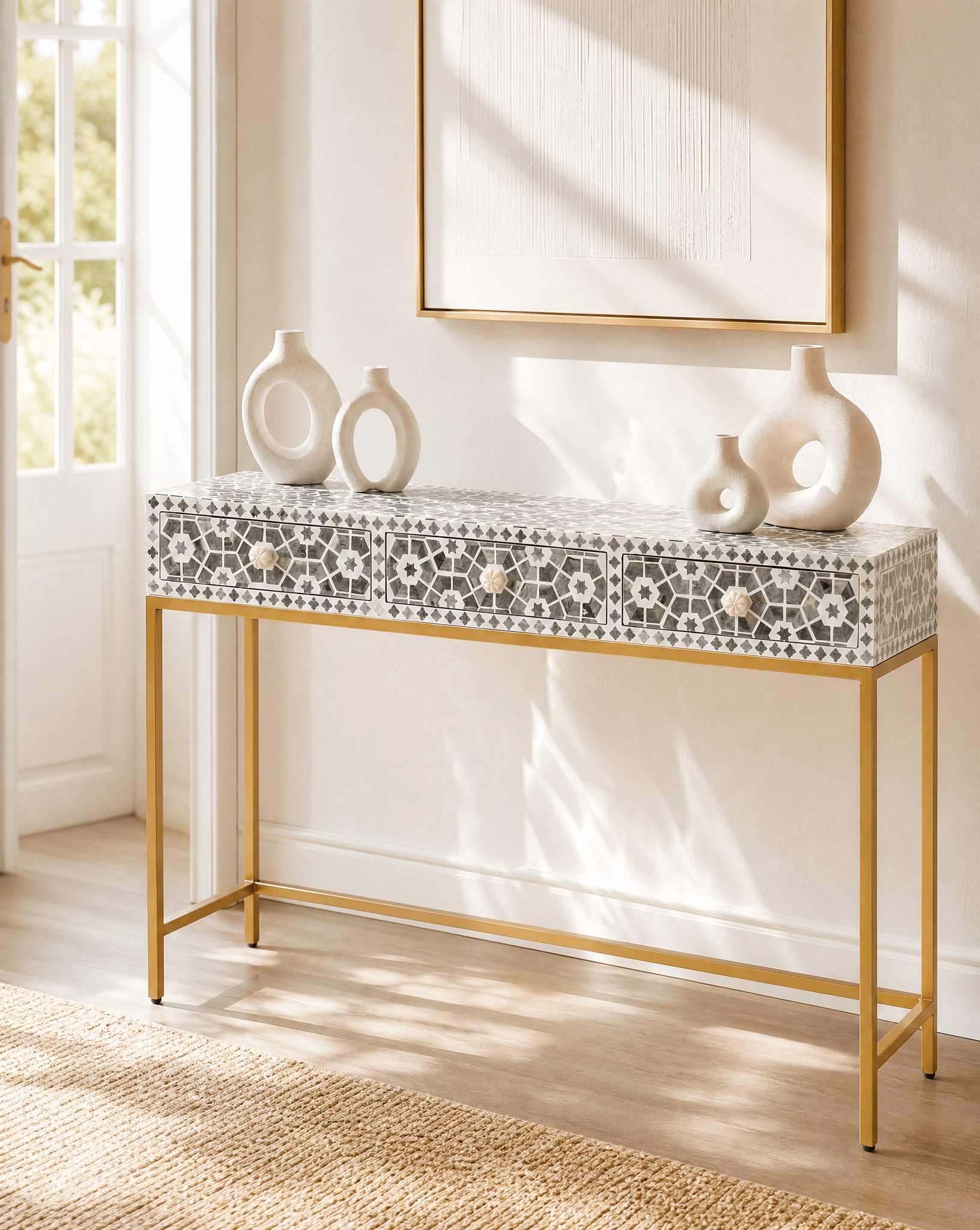INLAY THREE DRAWER GREY CONSOLE - Art and craft furniture