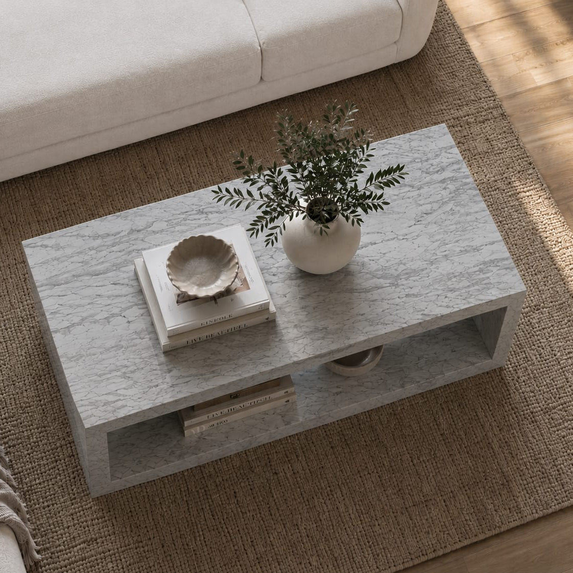 Italian Carrara White Marble Coffee Table – Polished Finish - Art and craft furniture
