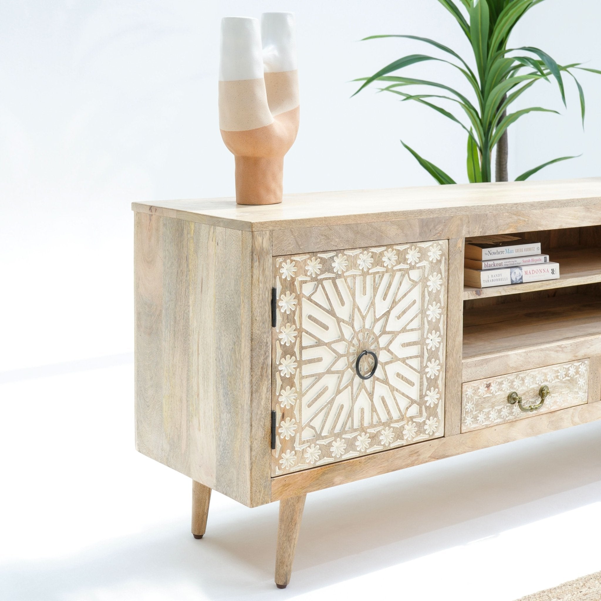 IVORY CNC DESIGN TWO DOOR TWO DRAWER TV STAND - Art and craft furniture