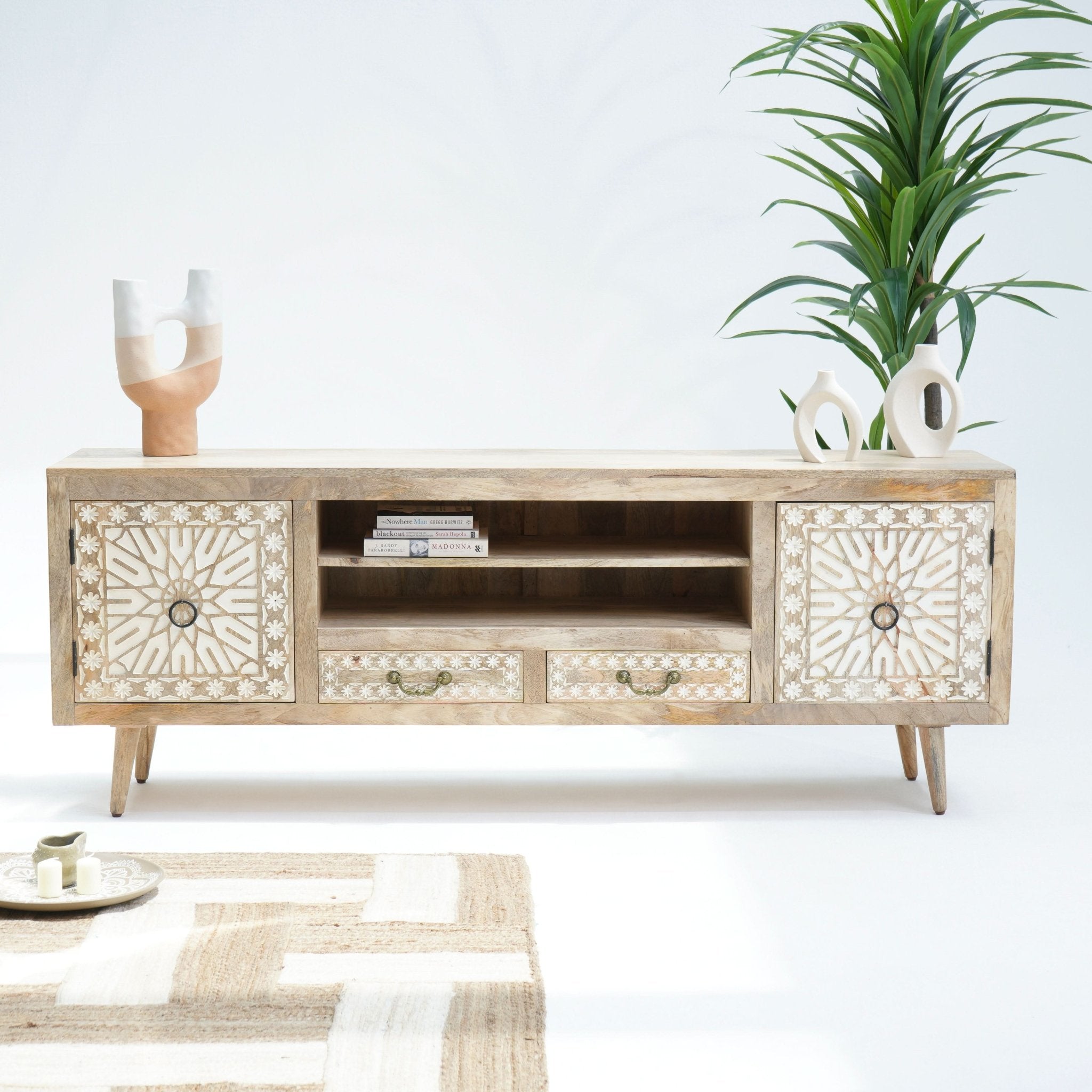 IVORY CNC DESIGN TWO DOOR TWO DRAWER TV STAND - Art and craft furniture