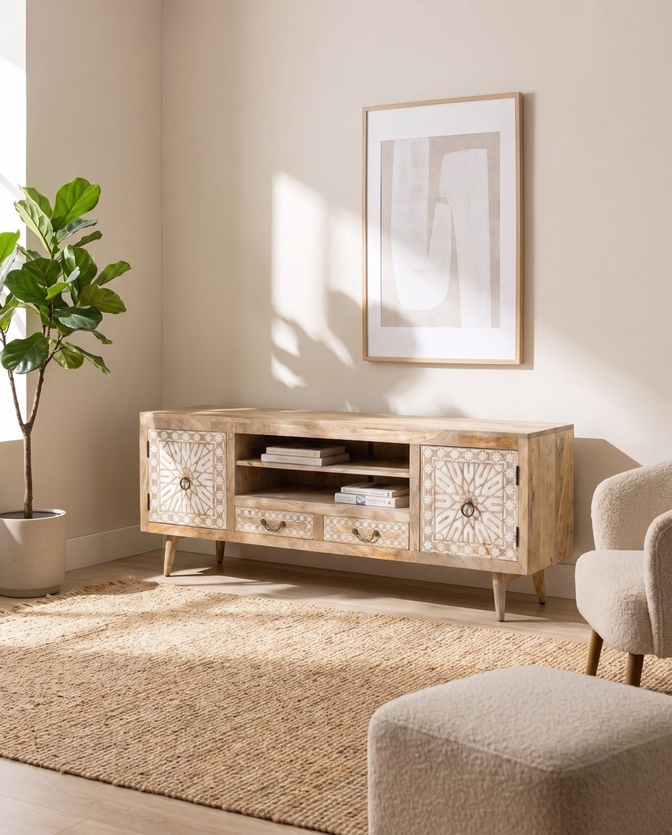 Ivory cnc Mango Wood TV Stand - Art and craft furniture