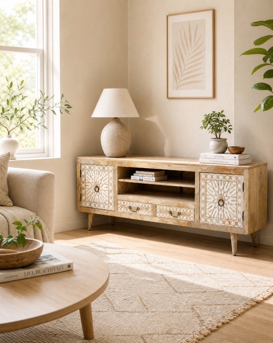 Ivory cnc Mango Wood TV Stand - Art and craft furniture