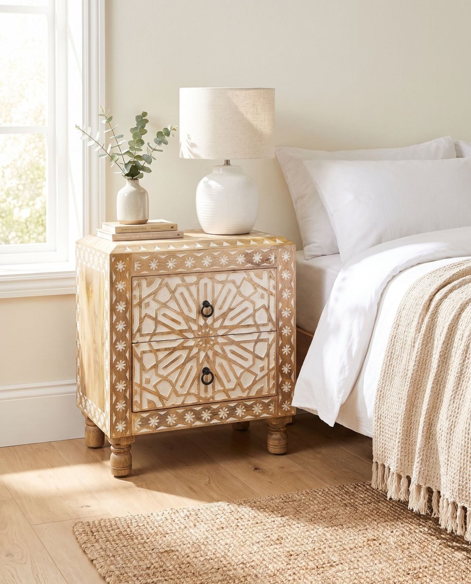 Ivory Wooden CNC Two Drawer Bedside Table - Art and craft furniture