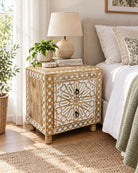 Ivory Wooden CNC Two Drawer Bedside Table - Art and craft furniture
