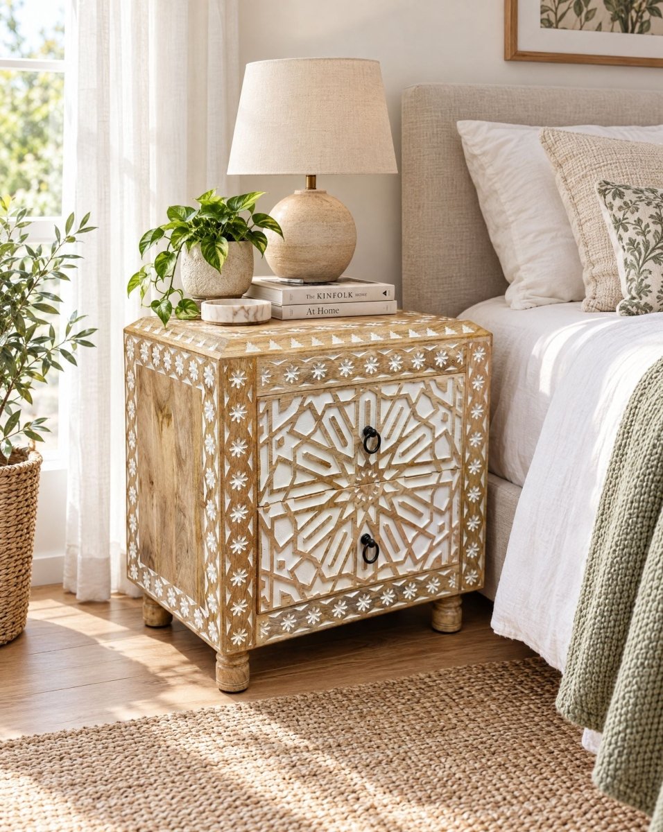 Ivory Wooden CNC Two Drawer Bedside Table - Art and craft furniture