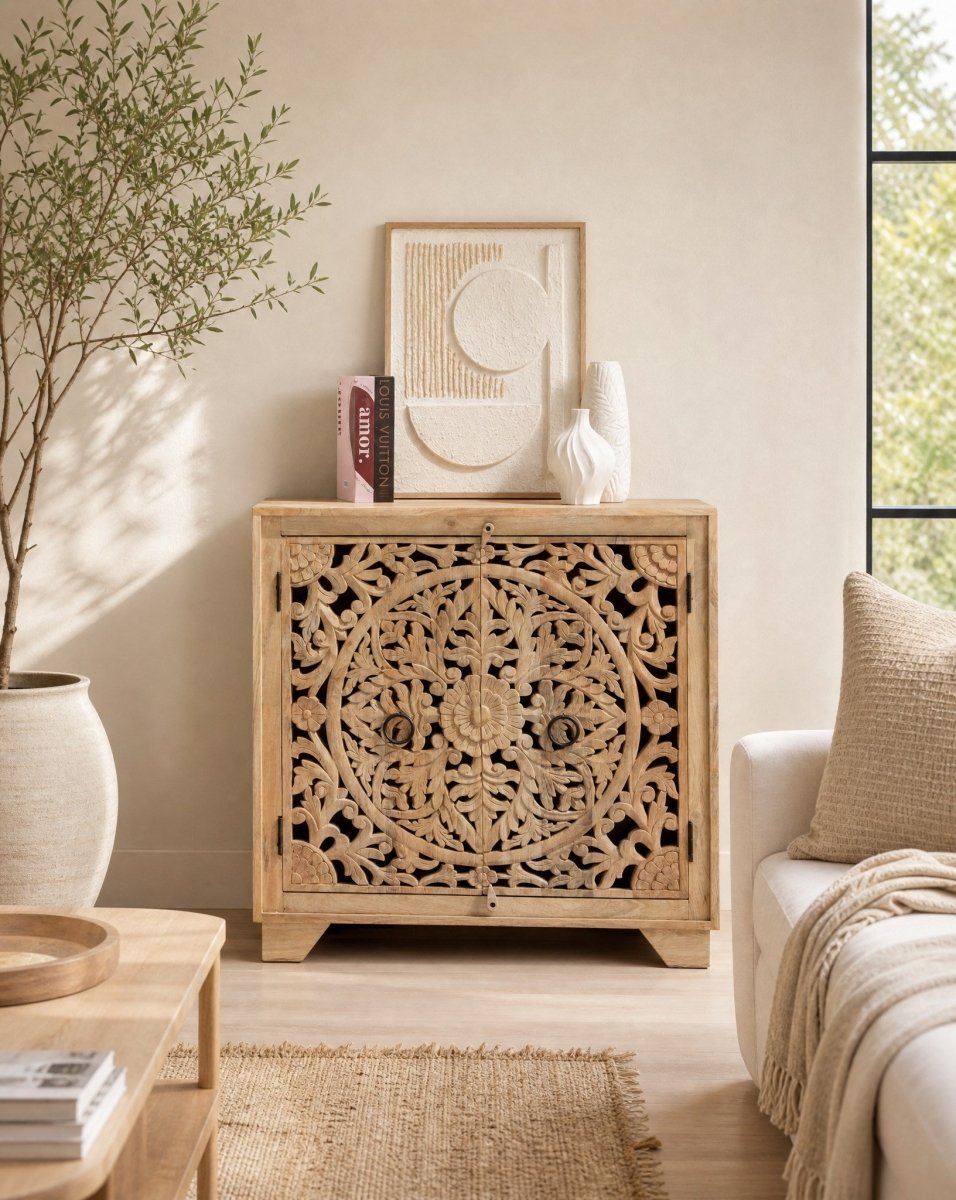 Karigar Carved 2 Door Sideboard Cabinet - Art and craft furniture