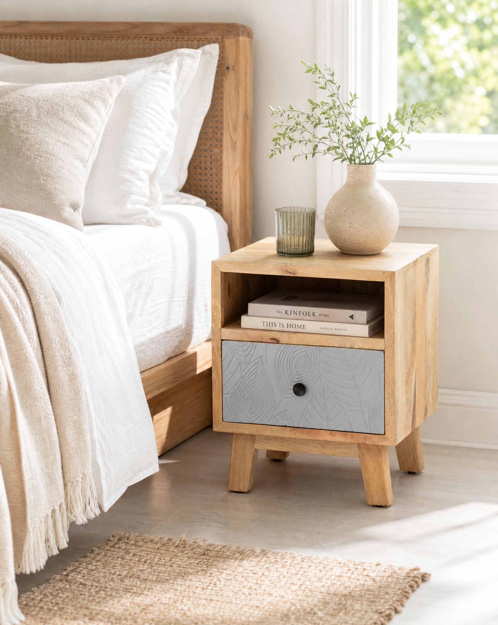 Leaves One Drawer Mango Wood Nightstand - Art and craft furniture
