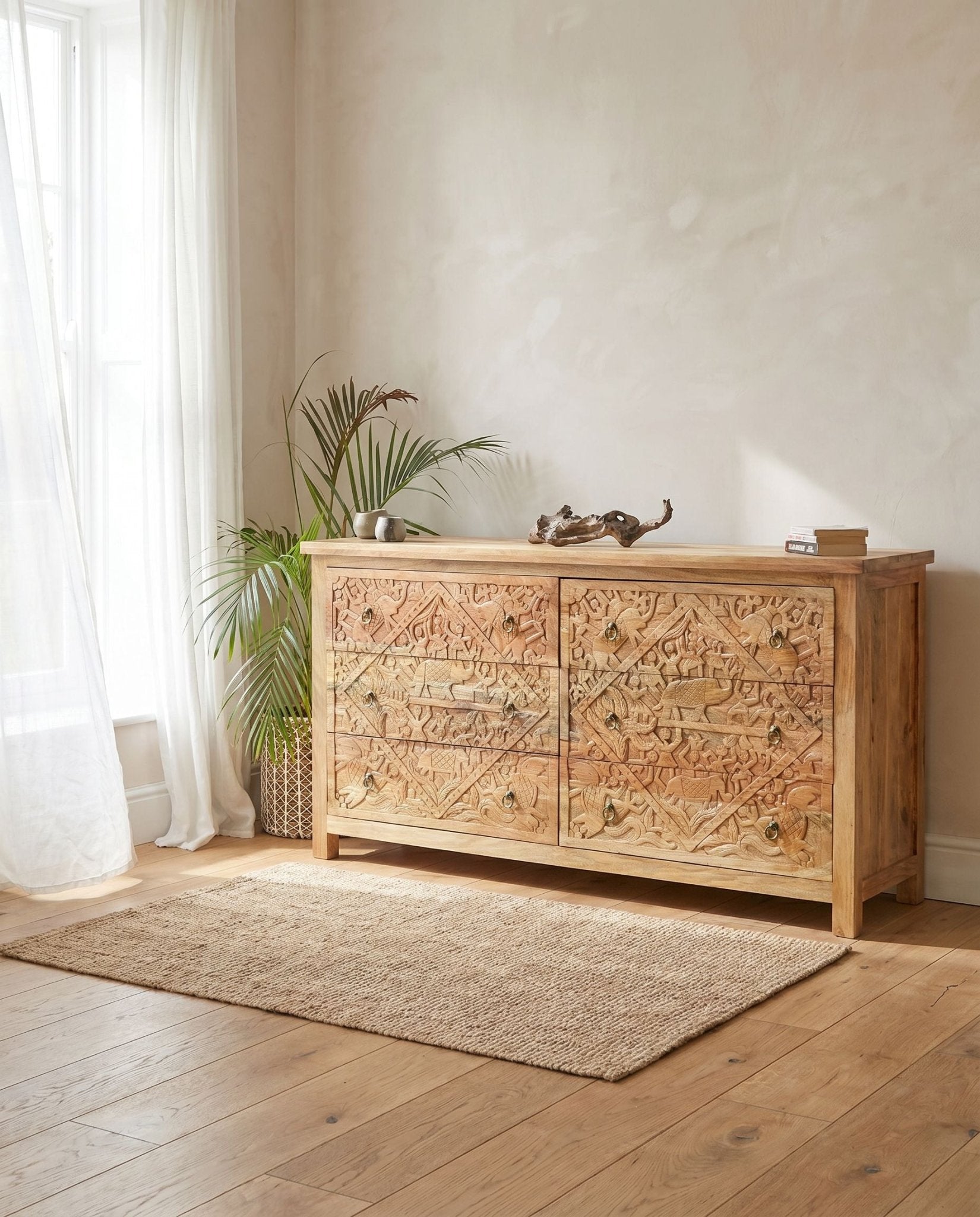 Lismore Carved Six Drawer Chest of Drawers - Art and craft furniture