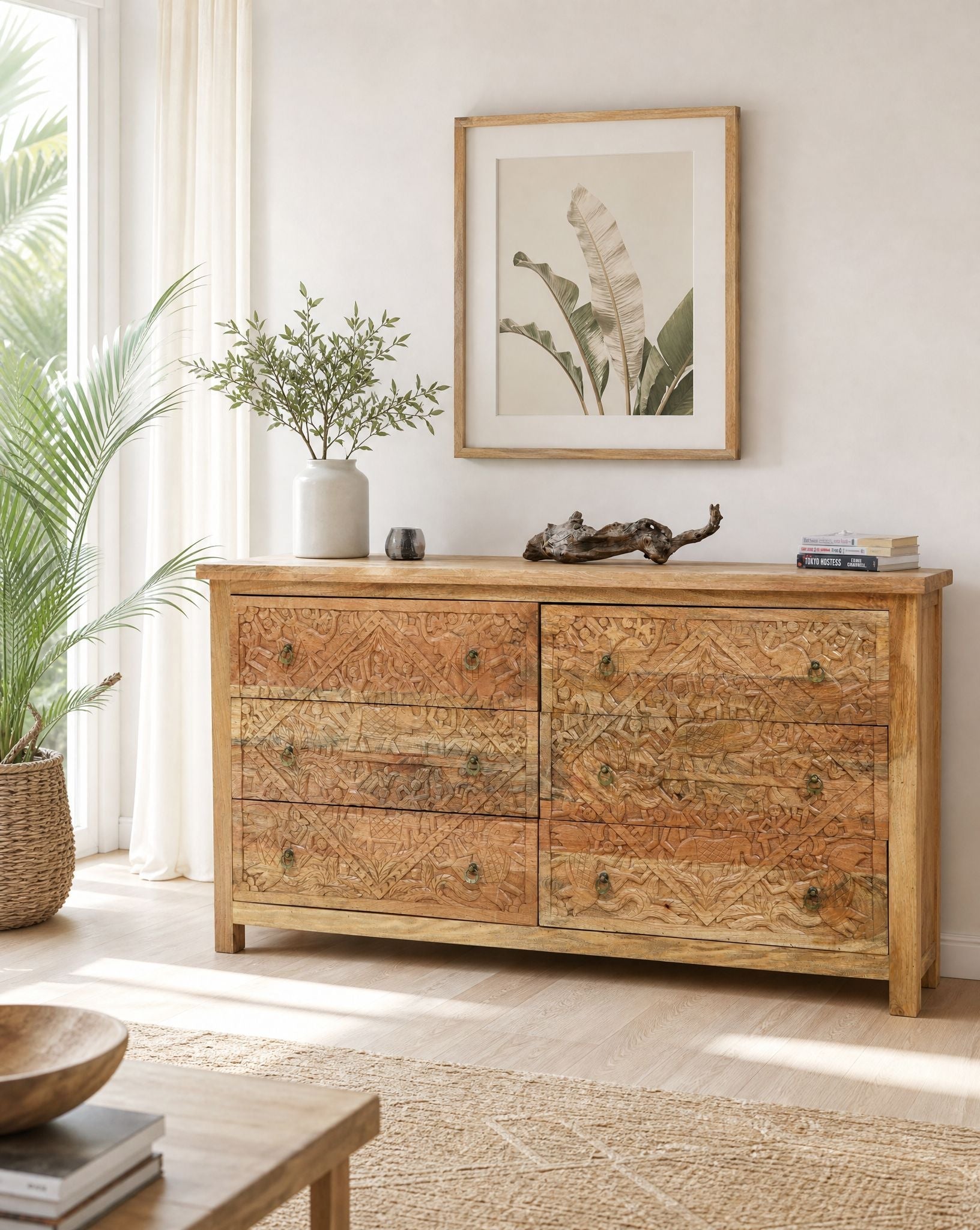 Lismore Carved Six Drawer Chest of Drawers - Art and craft furniture