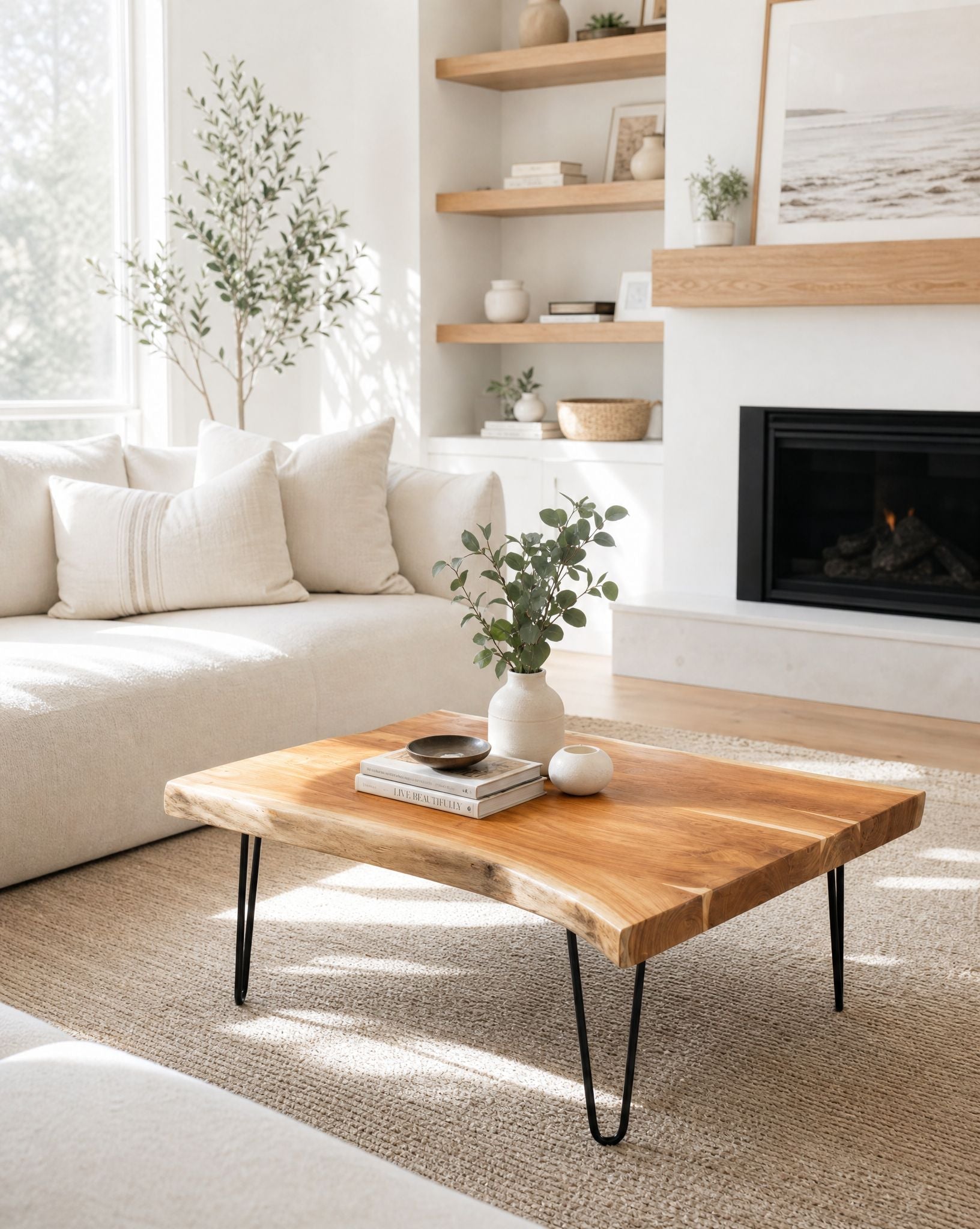 Live Edge Acacia Wood Hair pin Leg Coffee Table - Art and craft furniture