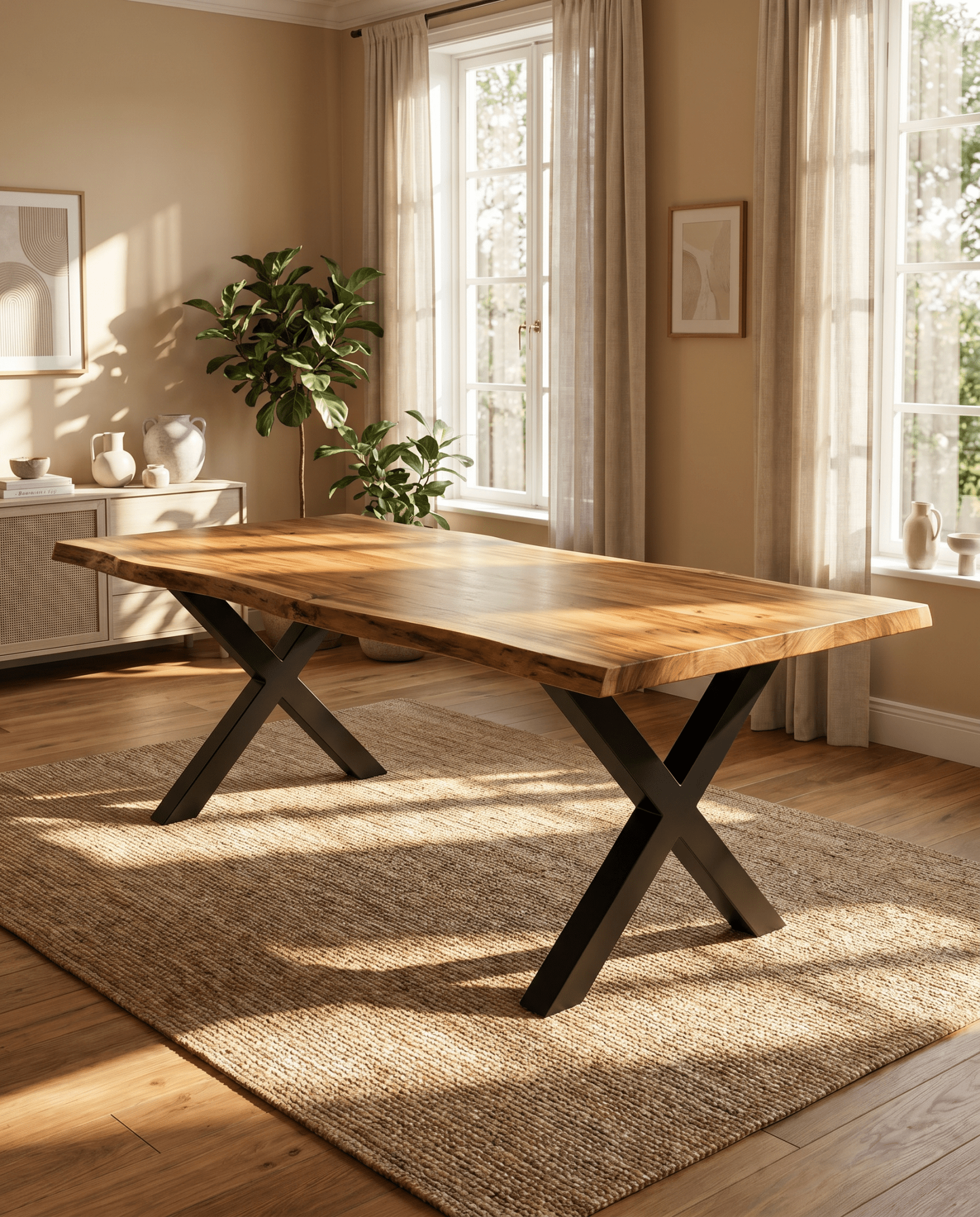 LIVE-EDGE ACACIA WOOD X LEG DINING TABLE - Art and craft furniture