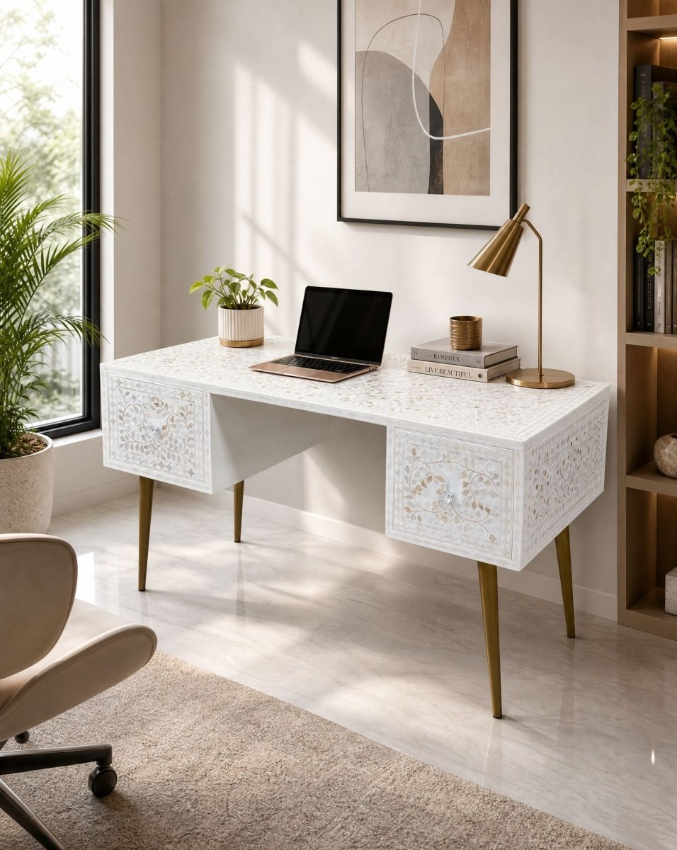 Lumiere White Mother of Pearl Desk Table - Art and craft furniture