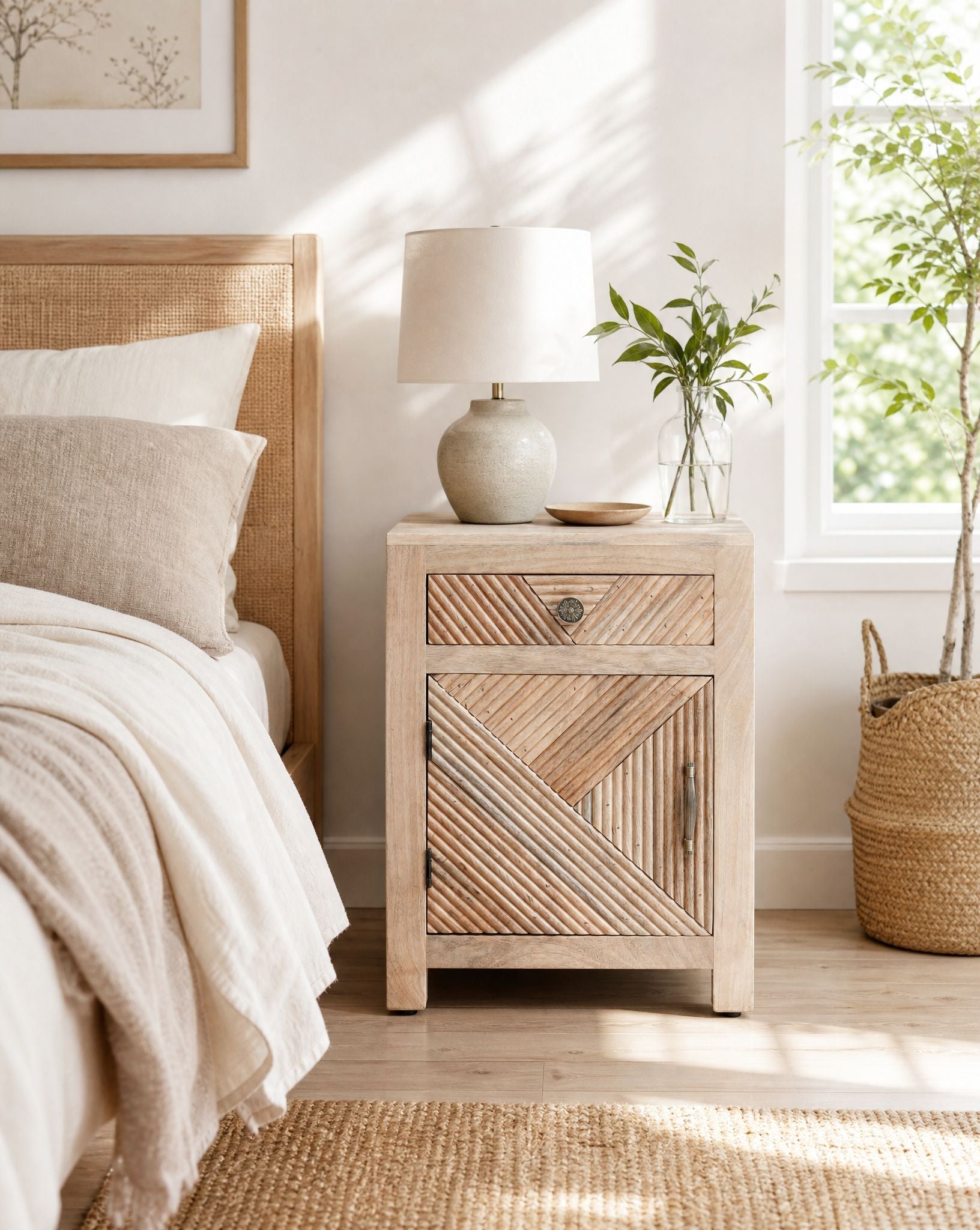 Luwin Fluted Wooden Nightstand Table - Art and craft furniture