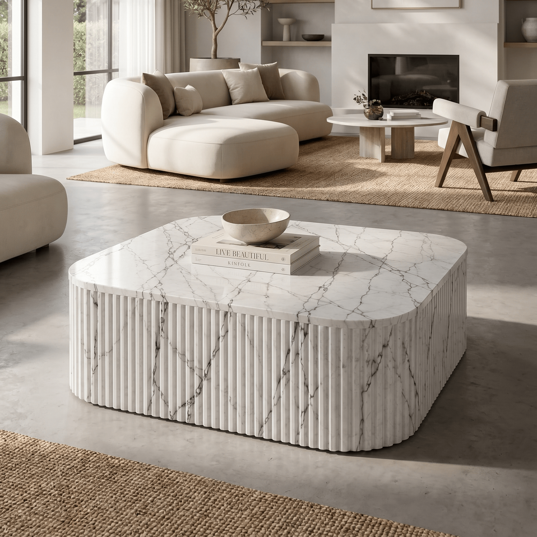 Luxury White Vein Marble Coffee Table – Polished Finish - Art and craft furniture