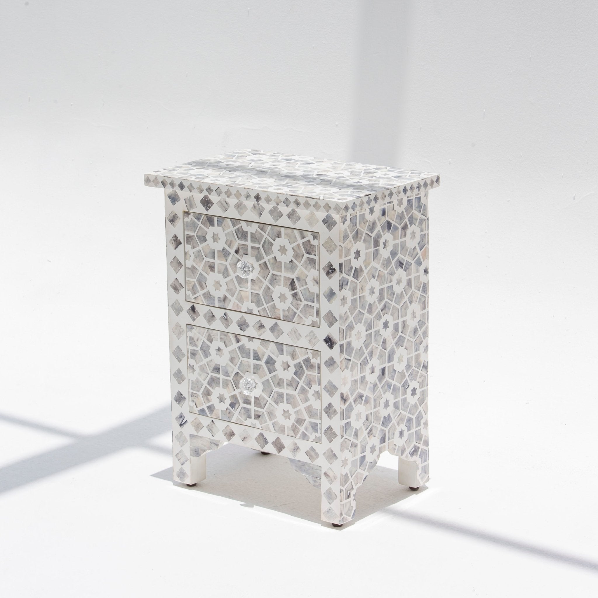 MAJESTIC INLAY TWO DRAWER BEDSIDE TABLE - Art and craft furniture
