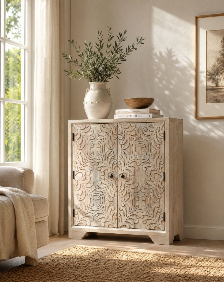 Mango Aura Carved Sideboard Cabinet - Art and craft furniture