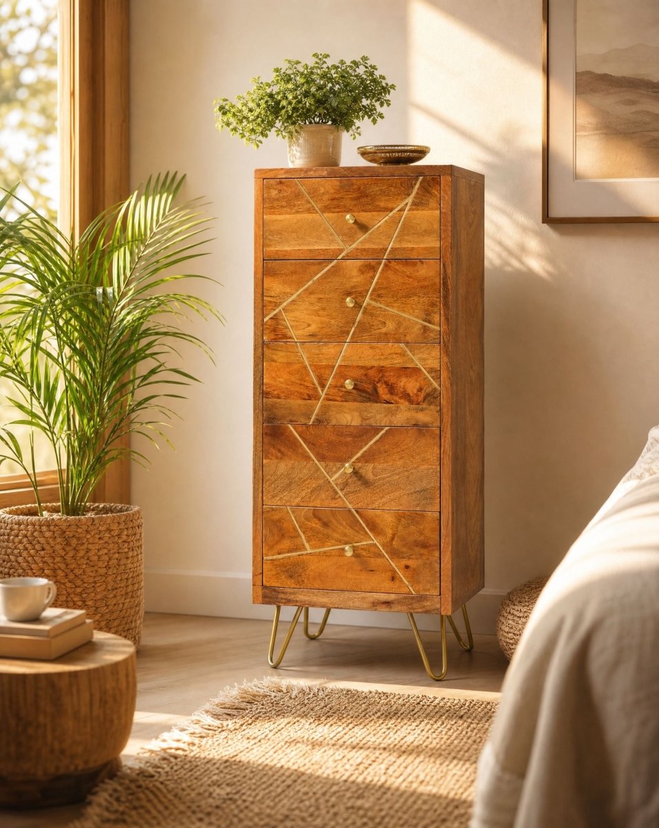 Mangoluxe Gold Line Wooden Chest of Drawer - Art and craft furniture